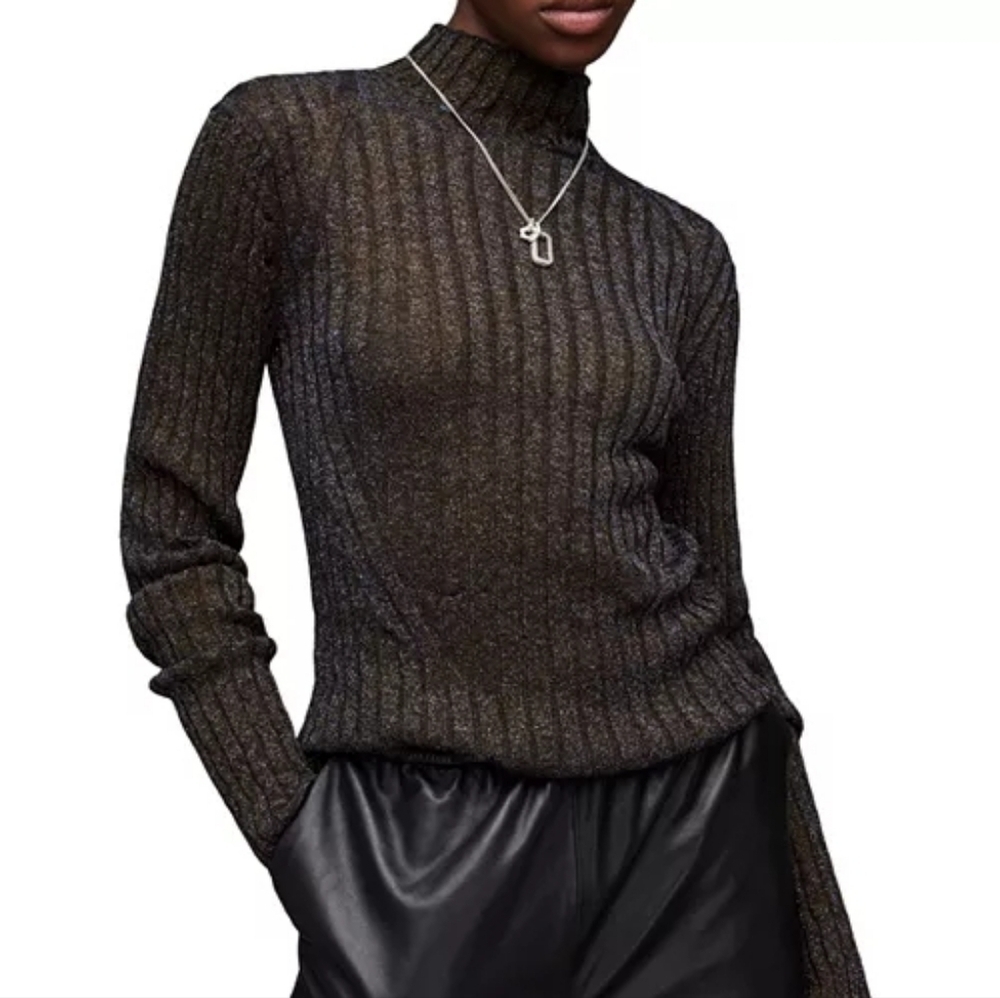 AllSaints Patrice Metallic Mesh Shimmer Mock Neck Top - Size Small